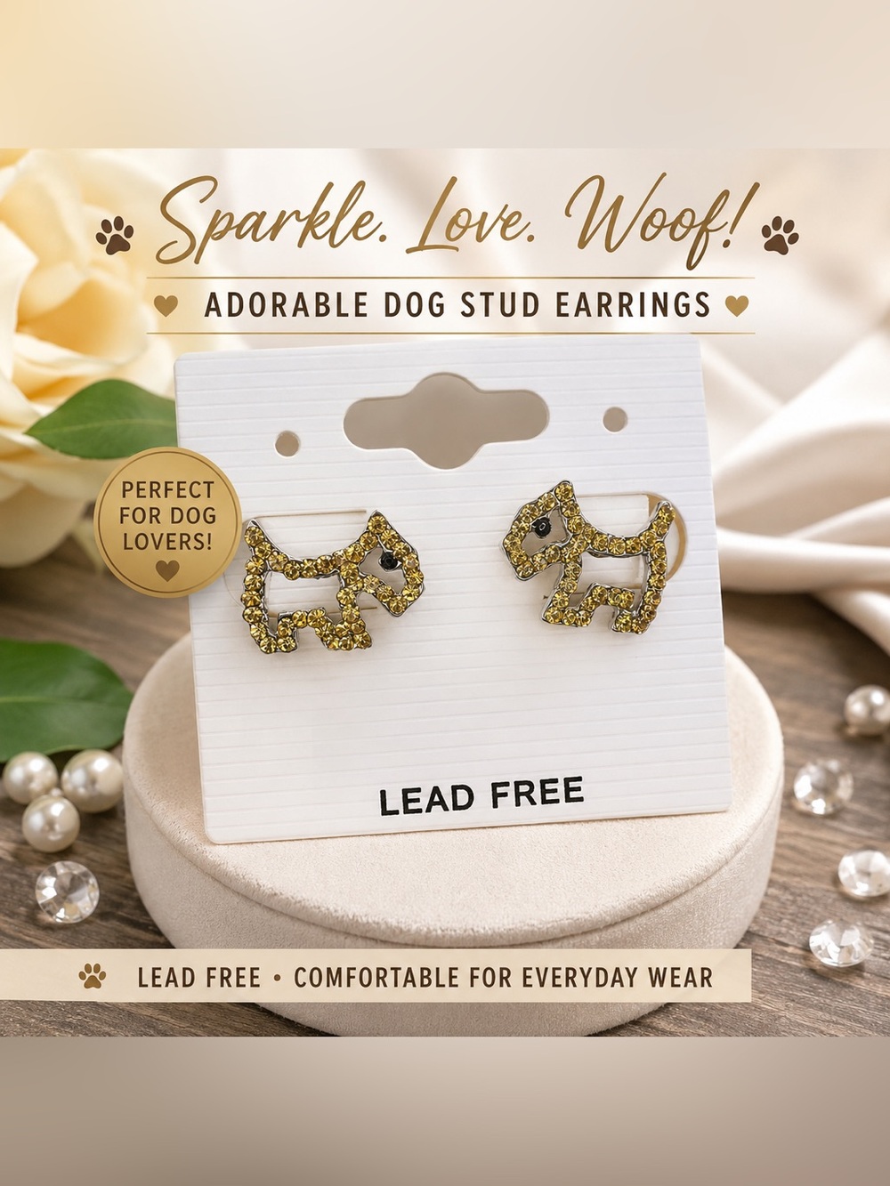 Gold Dog-Shaped Stud Earrings for Pet Lovers - Sparkling Canine Design